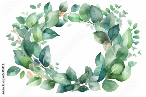 Watercolor wreath with green eucalyptus leaves