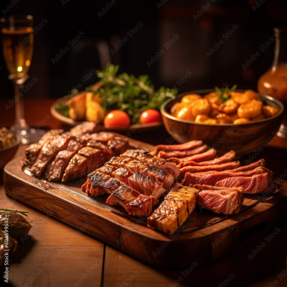 A Hearty Serving of Traditional Brazilian Barbecue, Churrasco, Showcasing Various Grilled Meats Displayed on a Cutting Board Under Beautiful, Cinematic Lighting. Generative AI A Hearty Serving of Traditional Brazilian Barbecue, Churrasco, Showcasing Various Grilled Meats Displayed on a Cutting Board Under Beautiful, Cinematic Lighting. Generative AI