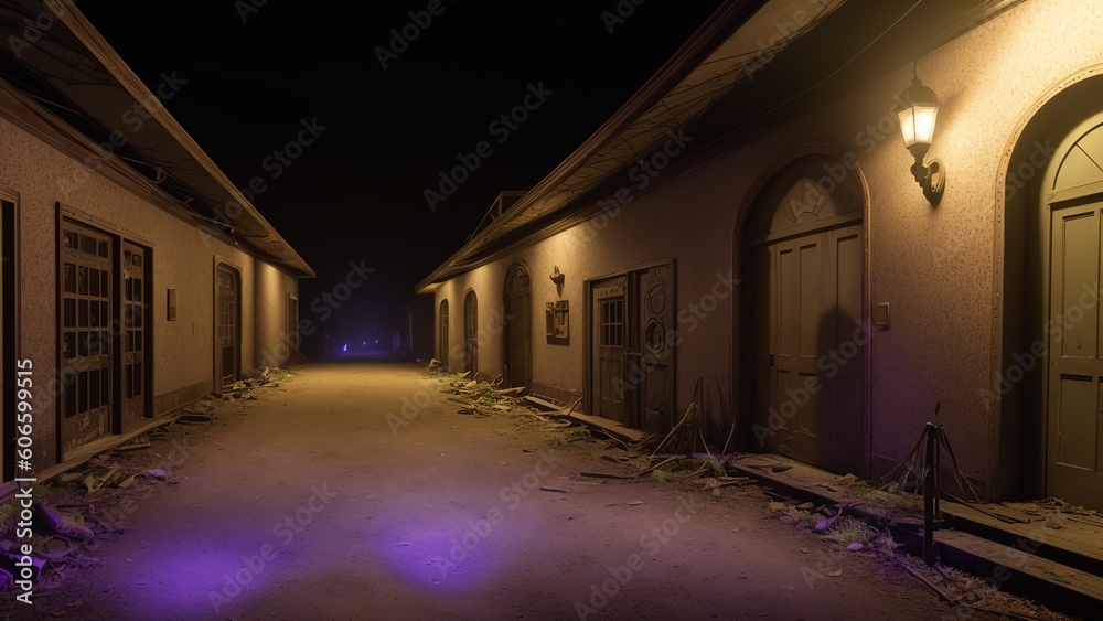 A Digital Image Illustrating A Vividly Textured Street At Night