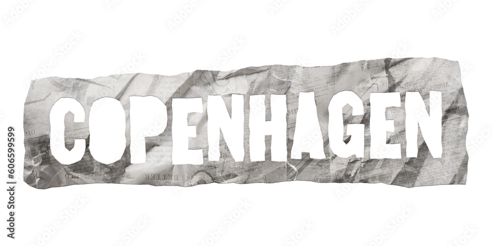 Ταπετσαρία Copenhagen city name cut out of crumpled newspaper in retro stencil style isolat