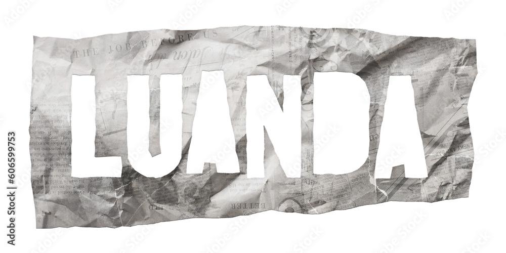 Φωτογραφία Luanda city name cut out of crumpled newspaper in retro stencil style isolated o