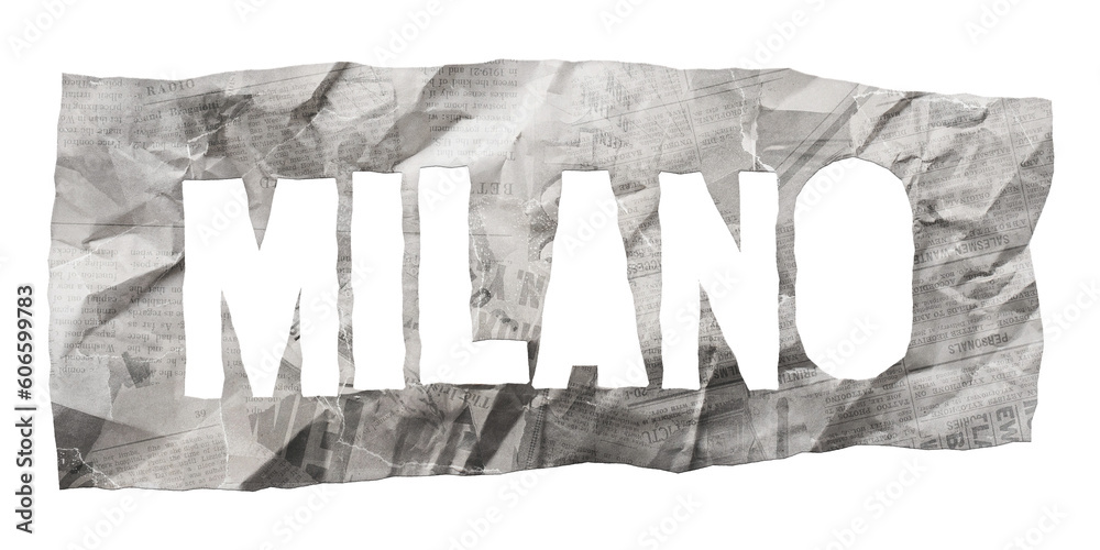 Naklejka premium Milan city name cut out of crumpled newspaper in retro stencil style isolated on transparent background