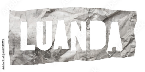 Cuadro en lienzo Luanda city name cut out of crumpled newspaper in retro stencil style isolated o