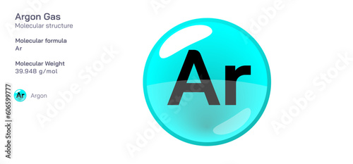 Argon Gas molecular structure formula. Periodic table structural molecular formula Vector design. Pharmaceutical compounds and composition. Easily printable product with correct CPK colour.
