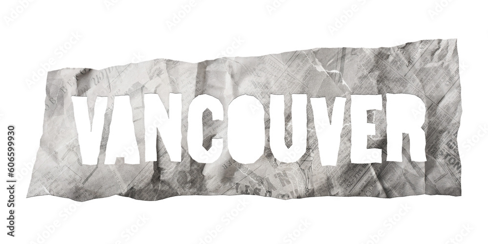 Φωτογραφία Vancouver city name cut out of crumpled newspaper in retro stencil style isolate