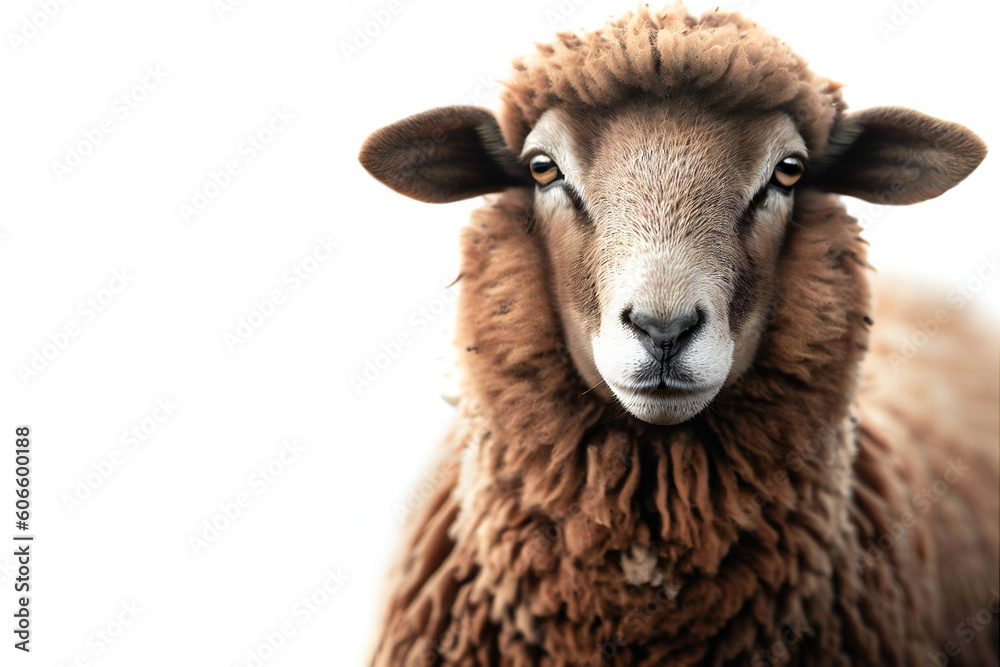 close-up of a brown sheep isolated on white background