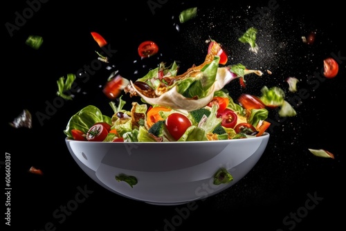 mix vegetable flying through the air with a bowl Cinematic Editorial Food Photography