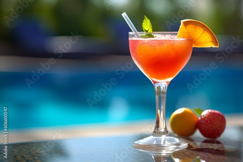 Dive into a world of refreshment and relaxation with this vibrant image. In the center, a tantalizing fruity cocktail takes center stage, inviting you to savor its flavors.