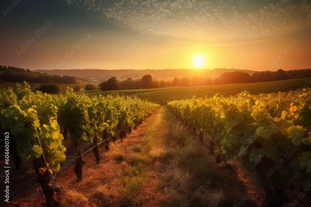 Fototapeta premium Vineyards at sunset, Generative ai