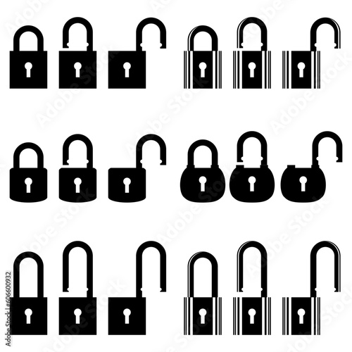 Various forms of padlock pictogram on white isolated background