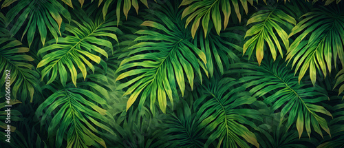 Abstract foliage and botanical background. Green tropical forest wallpaper of monstera leaves  palm  branches in hand drawn pattern. Exotic plants background for banner  prints. Generative AI
