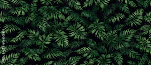 Abstract foliage and botanical background. Green tropical forest wallpaper of monstera leaves, palm, branches in hand drawn pattern. Exotic plants background for banner, prints. Generative AI