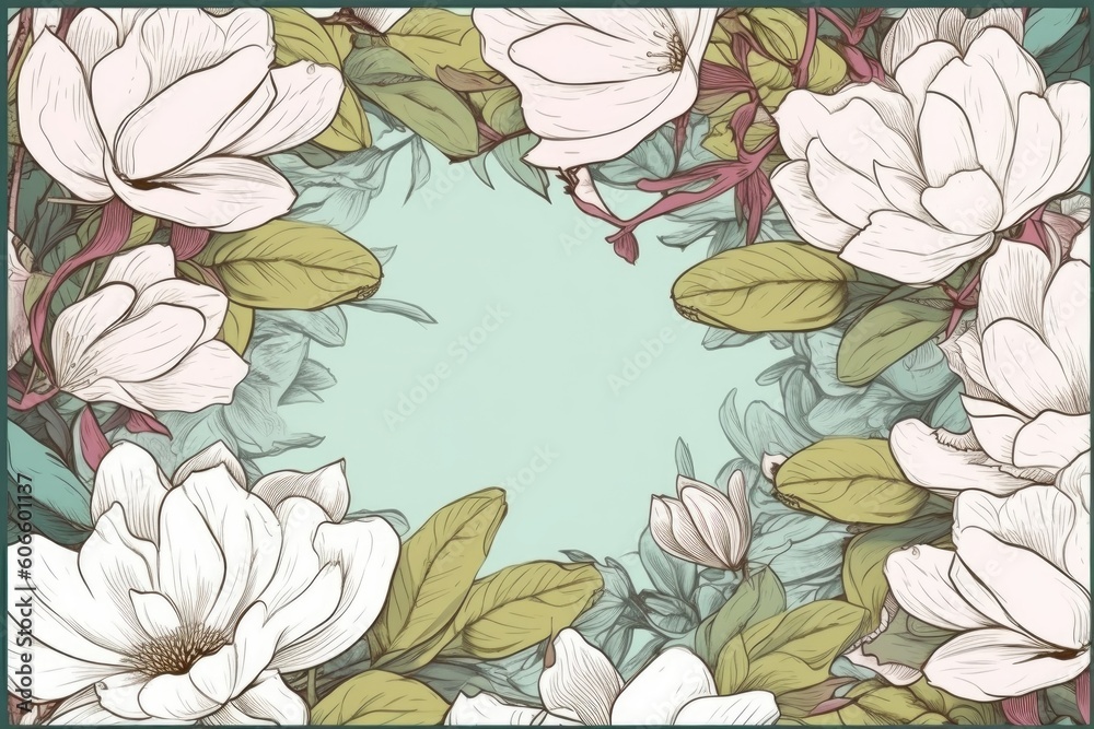 Vintage card with magnolia flowers background, Generative ai