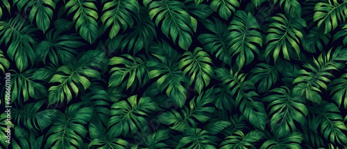 Abstract foliage and botanical background. Green tropical forest wallpaper of monstera leaves, palm, branches in hand drawn pattern. Exotic plants background for banner, prints. Generative AI