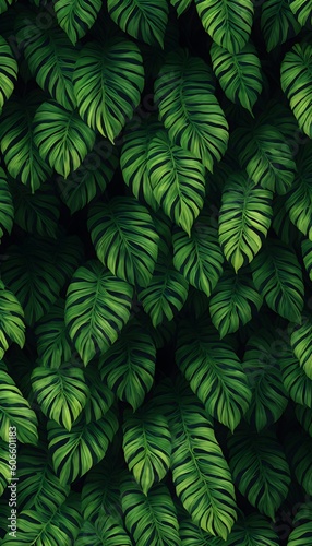 Abstract foliage and botanical background. Green tropical forest wallpaper of monstera leaves  palm  branches in hand drawn pattern. Exotic plants background for banner  prints. Generative AI