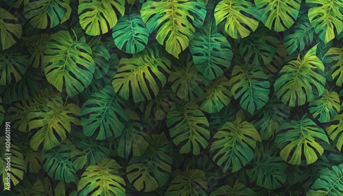 Abstract foliage and botanical background. Green tropical forest wallpaper of monstera leaves, palm, branches in hand drawn pattern. Exotic plants background for banner, prints. Generative AI © 360VP