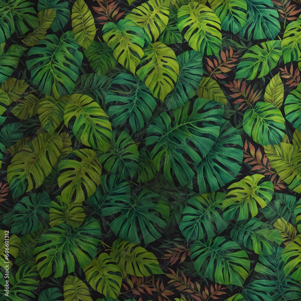 Abstract foliage and botanical background. Green tropical forest wallpaper of monstera leaves, palm, branches in hand drawn pattern. Exotic plants background for banner, prints. Generative AI
