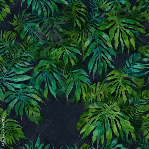 Abstract foliage and botanical background. Green tropical forest wallpaper of monstera leaves  palm  branches in hand drawn pattern. Exotic plants background for banner  prints. Generative AI