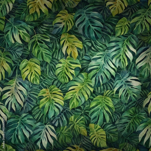 Abstract foliage and botanical background. Green tropical forest wallpaper of monstera leaves, palm, branches in hand drawn pattern. Exotic plants background for banner, prints. Generative AI