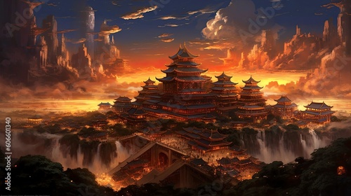 chinese city in clouds Generative Ai © povertybore