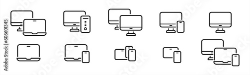 Responsive digital devices icon set in line style. digital display, desktop, computer, laptop, tablet, smartphone screen simple black style symbol sign for apps and website, vector illustration.