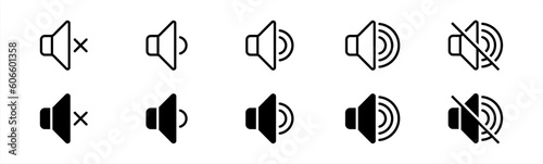 Speaker icon set in line style. Music volume simple black style symbol sign for apps and website, vector illustration.
