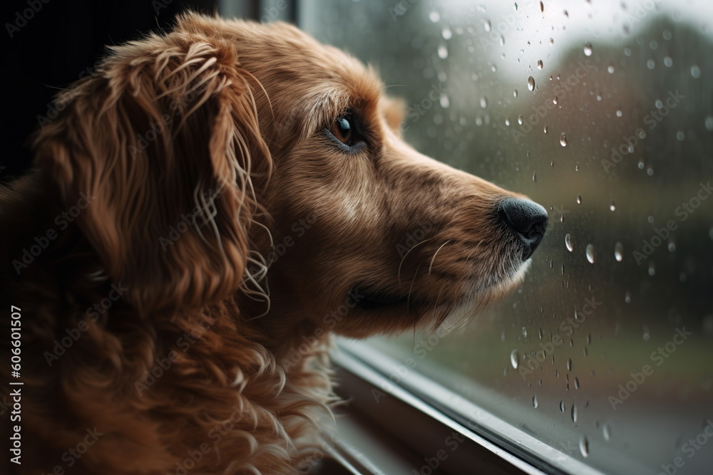 Portrait of a dog looking through the window in rainy day and waiting for owner,  generative ai