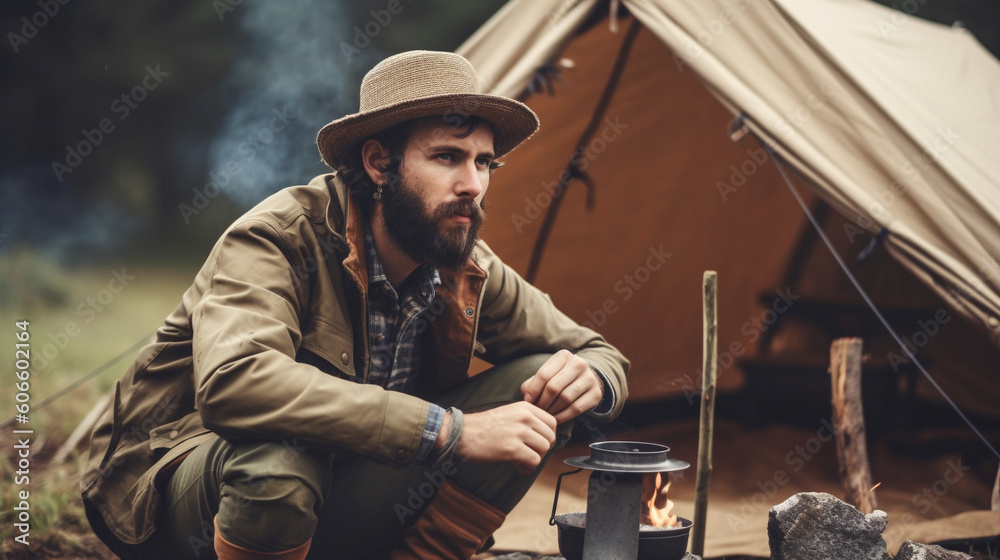 man in the woods, tent, forest