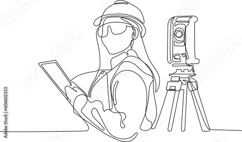 Close up of Caucasian worker with helmet on head using tablet for work while standing in warehouse. Surveyor with a tripod icon. Geodesic tripod. Vector illustration