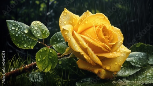 Generative AI in the Style of Massurrealism: Glorious Yellow Rose with Water Drops on Grass - A Lovely Romantic Scenery photo