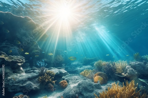 Underwater scene tropical seabed with reef and sunshine, Generative ai