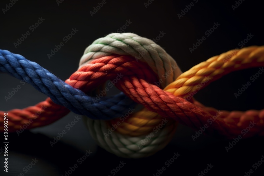 Diverse group trust concept and connected symbol as different diversity ropes tied and linked together as a faith metaphor for dependence and reliance on trusted partners for support and strength.