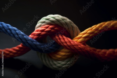 Diverse group trust concept and connected symbol as different diversity ropes tied and linked together as a faith metaphor for dependence and reliance on trusted partners for support and strength.