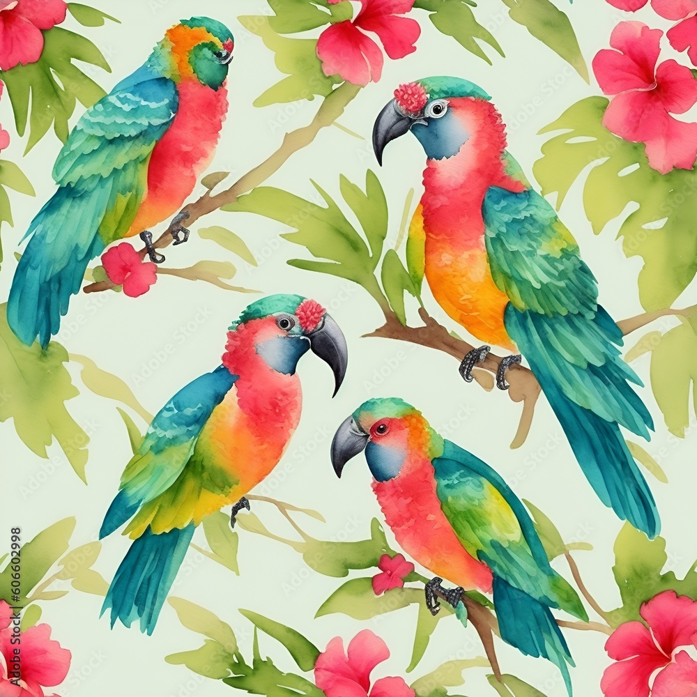  tiling, watercolor, birds, light background, hand-drawn