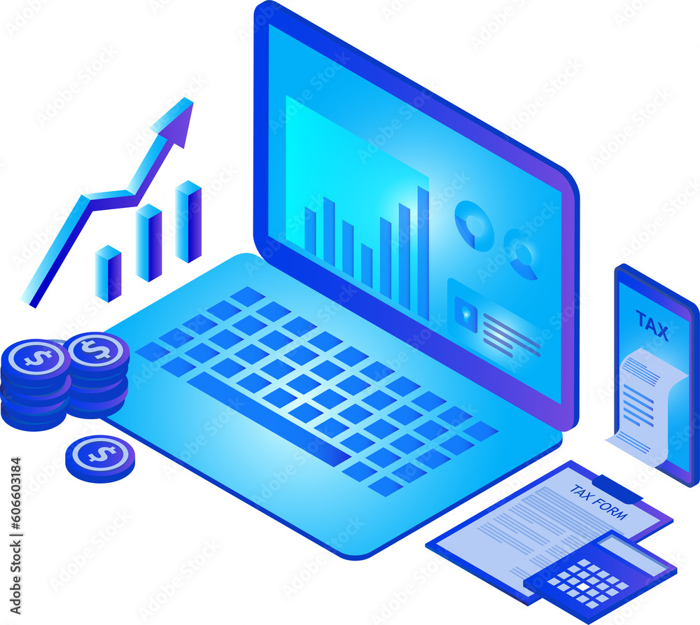 Tax filing concept, filling tax form documents online isometric for tax online, return and payment season Tax filing concept, filling tax form documents online isometric for tax online, return and payment season