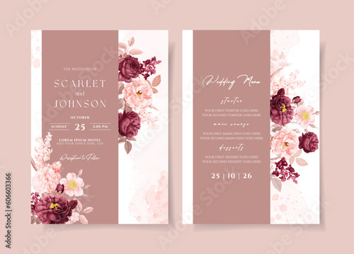 A watercolor wedding invitation card template with burgundy and peach flowers decoration