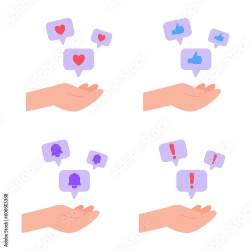 set of hand icons vector illustration with bubble chat and social media icons