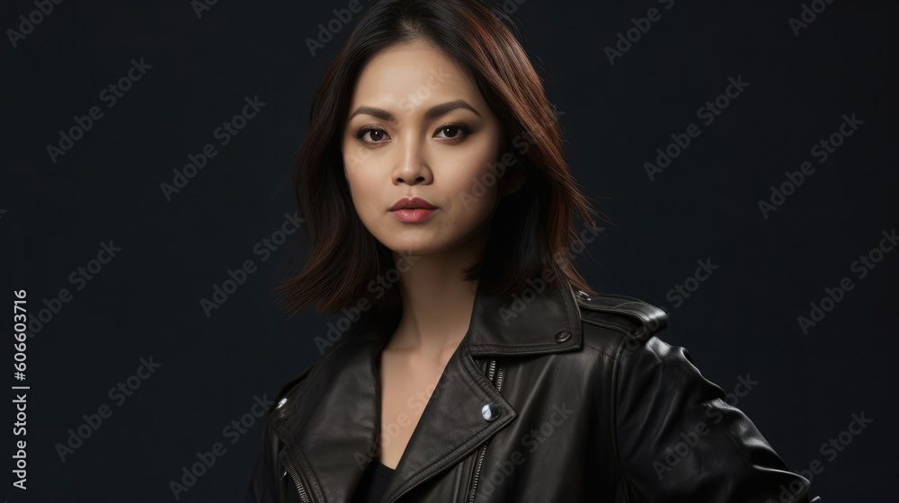 Asian beauty wearing a black jacket - studio shot - made with Generative AI tools