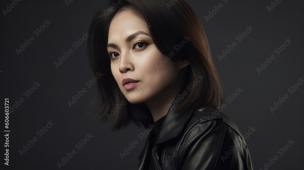Young Asian woman wearing a black leather jacket - studio shot - made with Generative AI tools