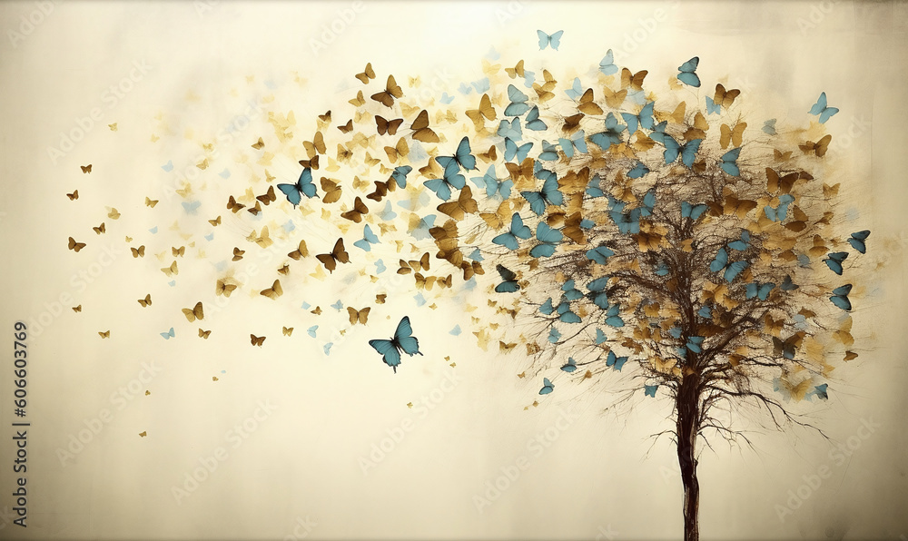 butterfly print art canvas wall art, in the style of ethereal trees, sky-blue and yellow, xu bing, rimel neffati, thomas w schaller, playful, dreamlike imagery, monumental murals. Generative AI