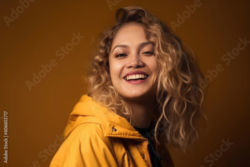 Beautiful woman with blonde curly hair laughing - made with Generative AI tools