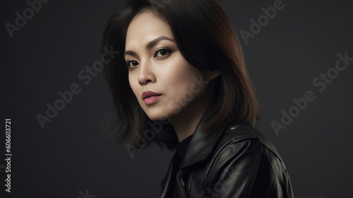 Young Asian woman wearing a black leather jacket - studio shot - made with Generative AI tools © 4kclips