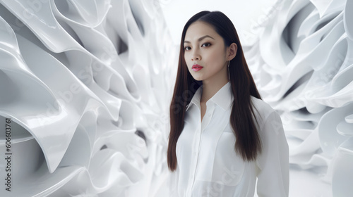 Asian woman in a white futuristic environment - made with Generative AI tools