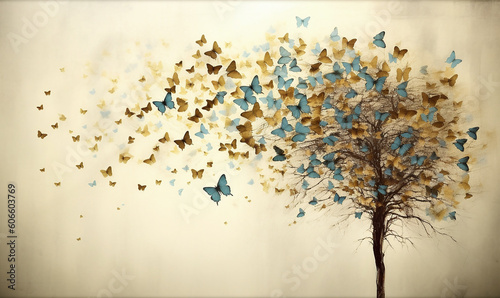 Obraz na płótnie butterfly print art canvas wall art, in the style of ethereal trees, sky-blue and yellow, xu bing, rimel neffati, thomas w schaller, playful, dreamlike imagery, monumental murals. Generative AI w salonie