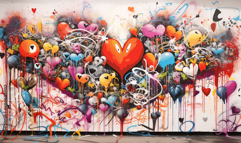 Φωτογραφία graffiti love canvas art by graffiti artist sydney, in the style of playful innocence, chrome-plated, large canvas format, color splash, childhood arcadias, colorful storytelling