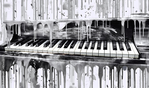 piano keys with notes and drips wall art, in the style of panoramic scale, dark gray and white, sparklecore, sensory experience, high definition, airbrush art, varied brushwork techniqu. Generative AI photo