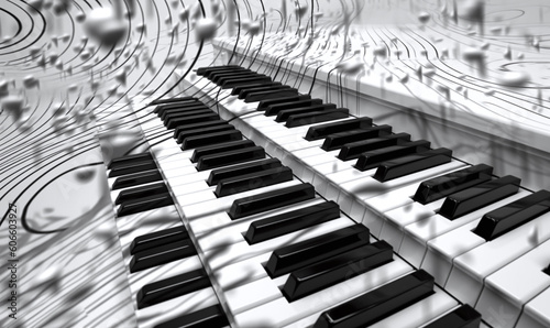 piano keys with notes and drips wall art, in the style of panoramic scale, dark gray and white, sparklecore, sensory experience, high definition, airbrush art, varied brushwork techniqu. Generative AI photo