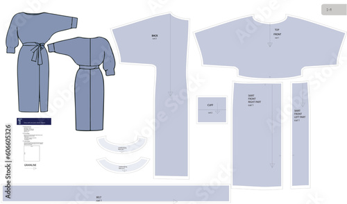 Dress with one piece sleeve sewing pattern with O-neck, cuffs and belt. Sizes S-M. All allowances are included.