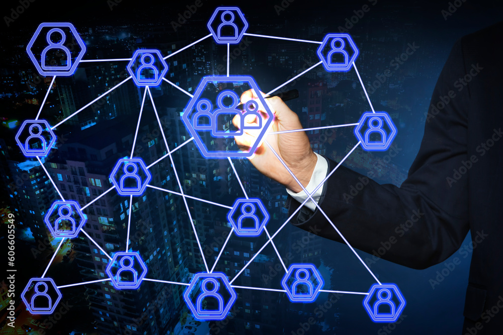 Multi-level marketing. Businessman touching scheme on digital screen against blurred cityscape, closeup. Illustration of hierarchy Multi-level marketing. Businessman touching scheme on digital screen against blurred cityscape, closeup. Illustration of hierarchy