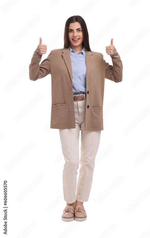 Beautiful happy businesswoman showing thumbs up on white background Beautiful happy businesswoman showing thumbs up on white background